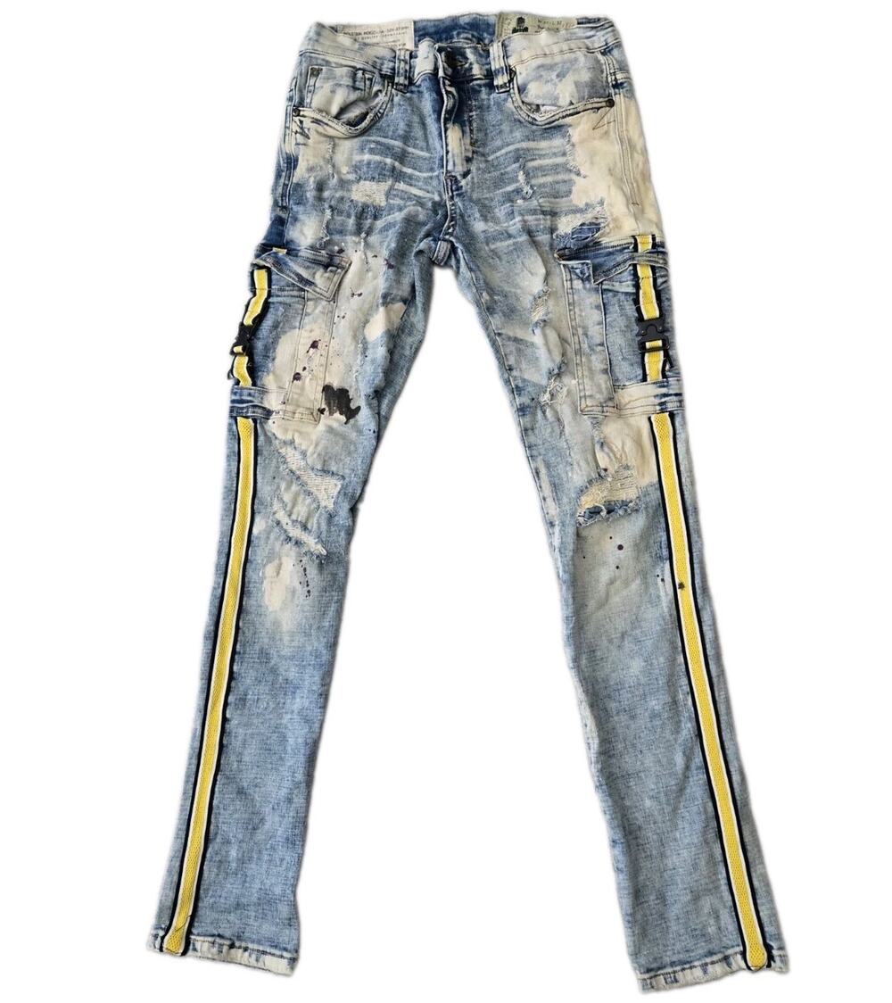 Streetwear Punk Industrial Indigo Masonry Distressed Cargo Pocket Jeans 32x32